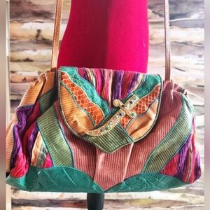 Vtg SHARIF Patchwork Silk Leather Jewels Gold Dagger Colorful Shoulder Purse EVC